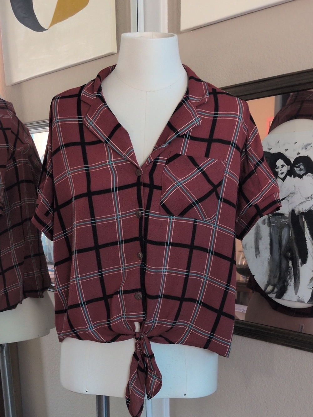 Monteau Rust Red Plaid Tie-Front Button Down Shirt